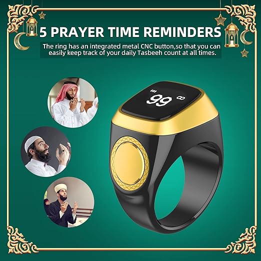 Equantu Qibla Ring Tasbih Counter Prayer Reminder - عداد تسبيح وذكر القبلة من إيكوانتو مع تذكير بالصلاة